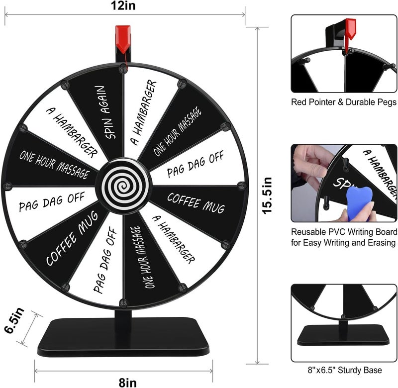 Pionites 12 Inch 12 Slots Prize Wheel Tabletop Fortune Spin with Dry Erase Marker and Eraser for Engaging Home Parties, Trade Show, Carnival Events (12''12Slots Black&White) - Image 3